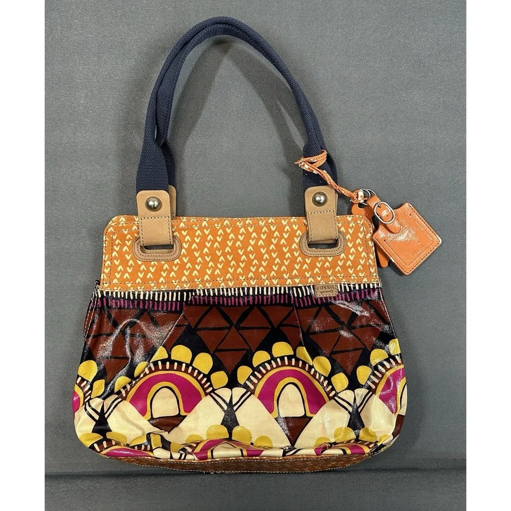Fossil Key Per Bag Coated Canvas Shoulder Purse Tote Floral Aztec Orange Brown